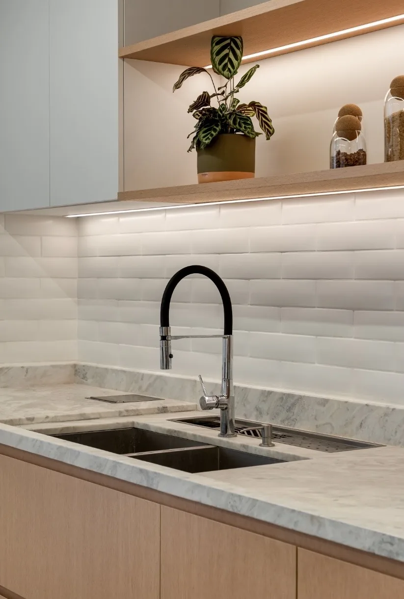 Bancada em mármore com cuba integrada, torneira gourmet e backsplash subway